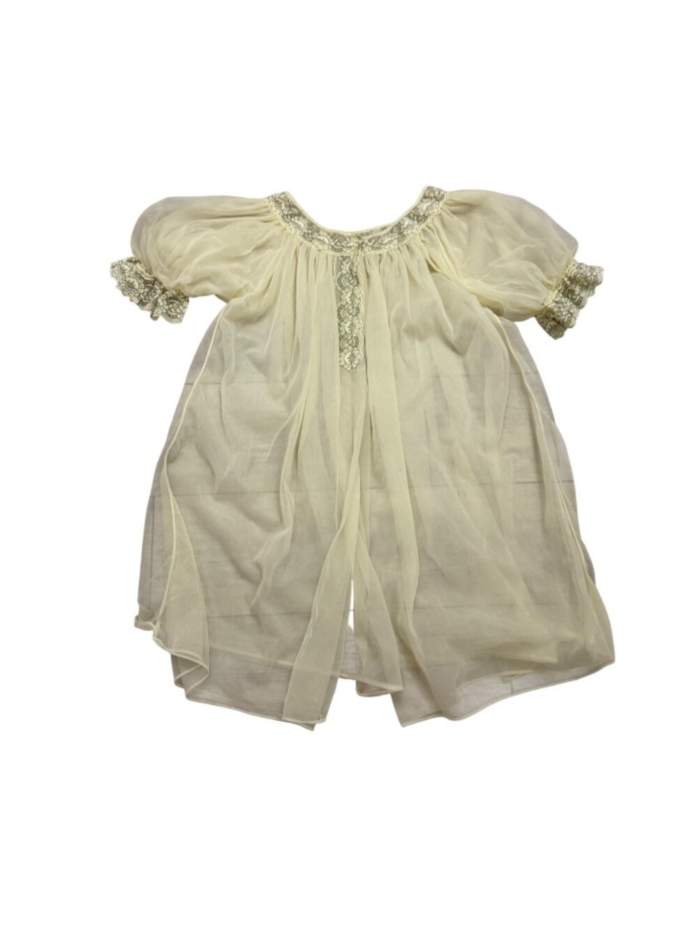 Vintage Sheer Cream Lace Trimmed Puff Sleeve Nightgown Dress Floral